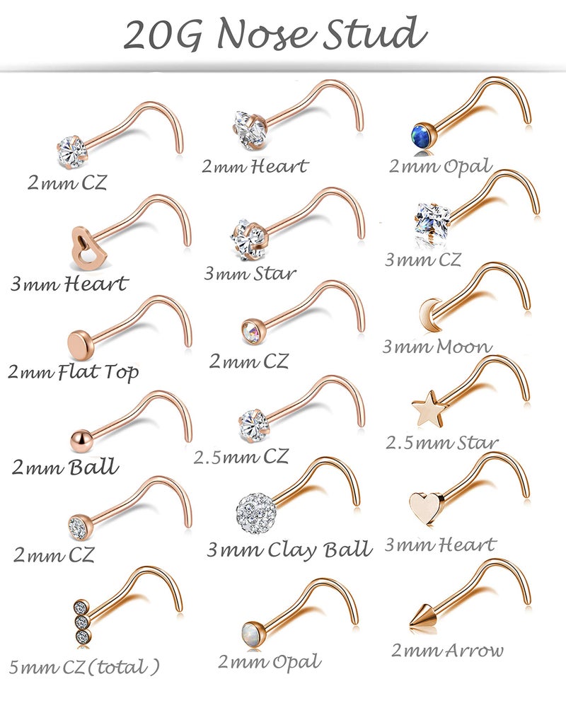 Tornito 20G 38Pcs Stainless Steel Nose Screw Studs Rings CZ Hoop Tragus Cartilage Nose Ring Labret Nose Piercing Jewelry for Men Women (A02:38Pcs, Rose Gold Tone) - Image 3